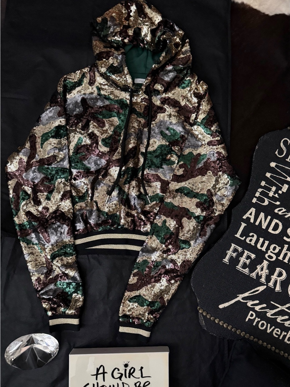 Sequin Camo Hooded Crop Sweatshirt - Green Multi